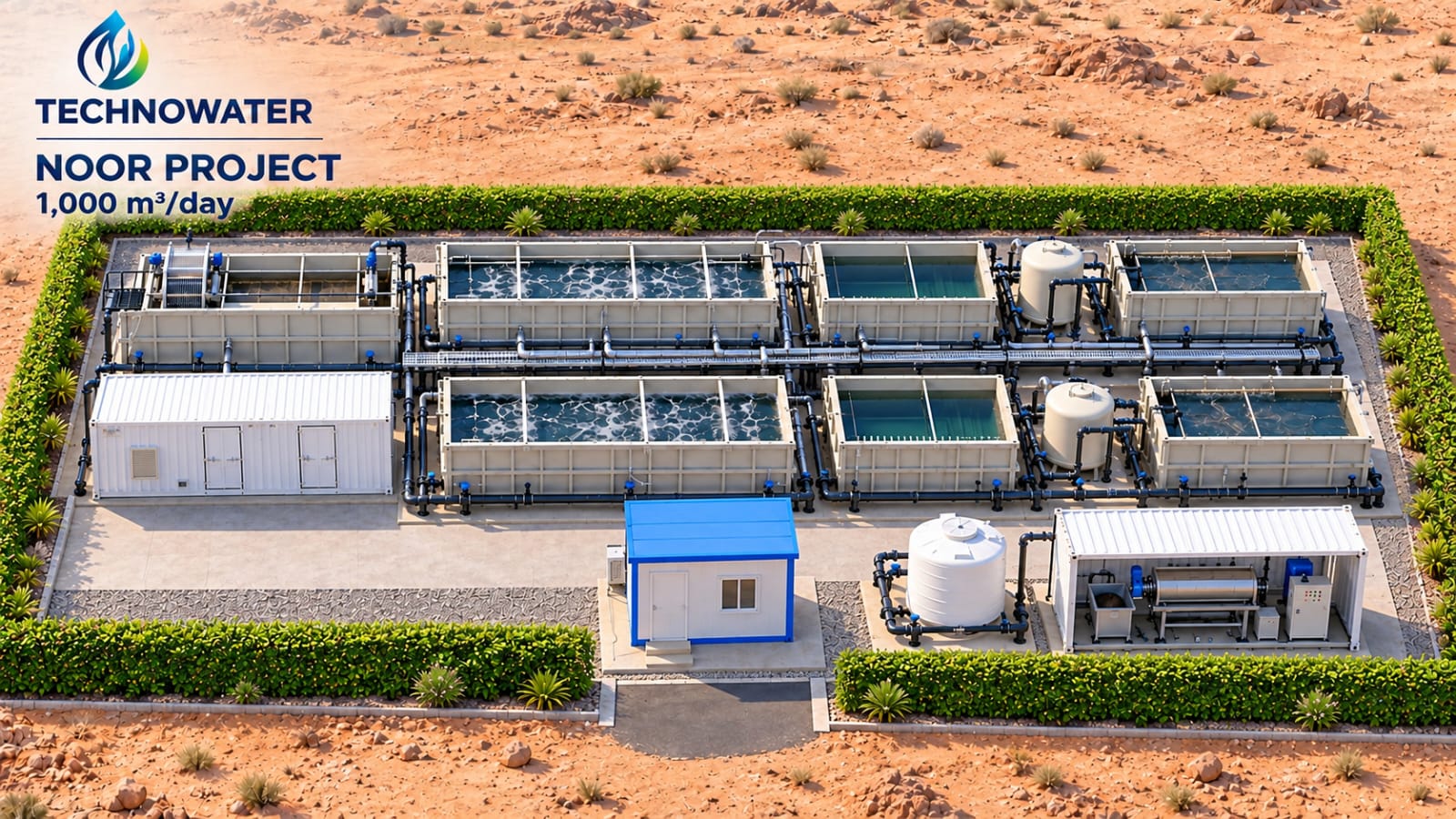Plant Visualization of the Noor Project with Technowater branding and a capacity of 1,000 cubic metres per day